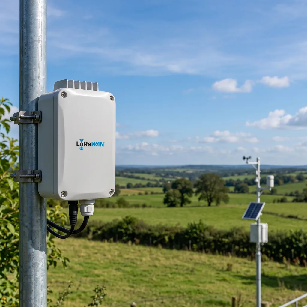 Gateway LoRaWAN instalado en un poste en zona rural