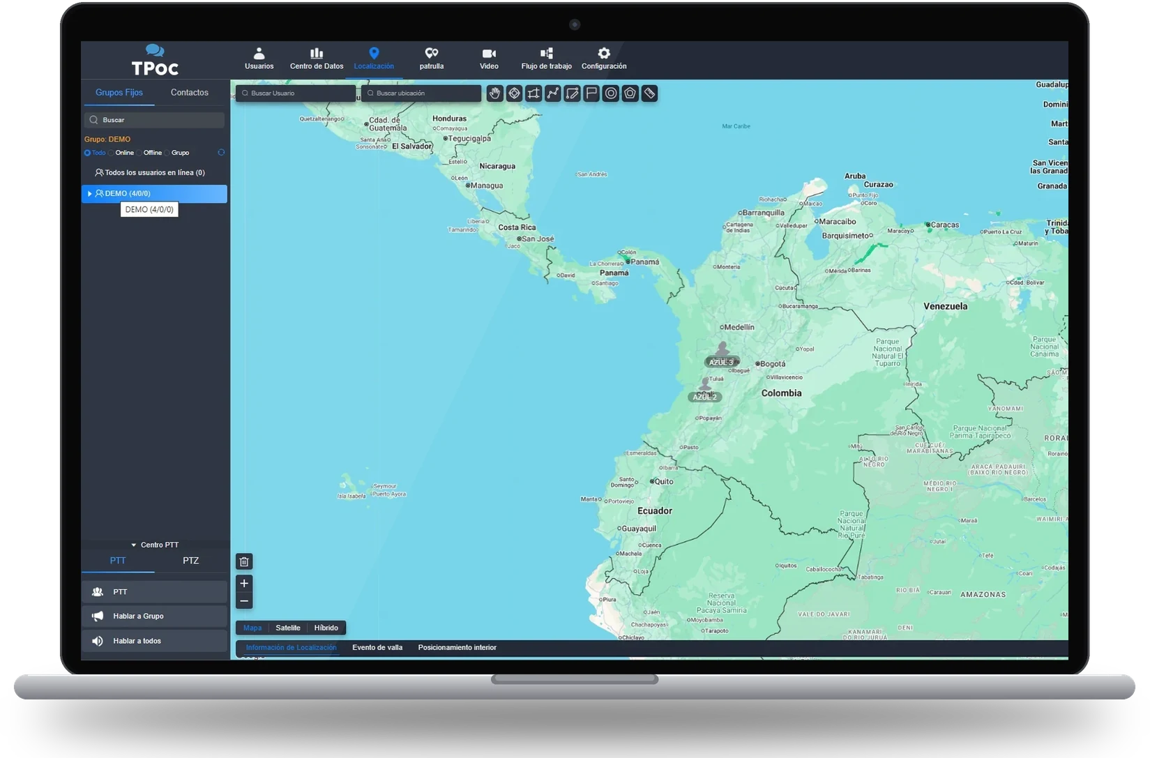 Consola de despacho TPoC en un portátil, con el mapa de Colombia y los grupos de radios
