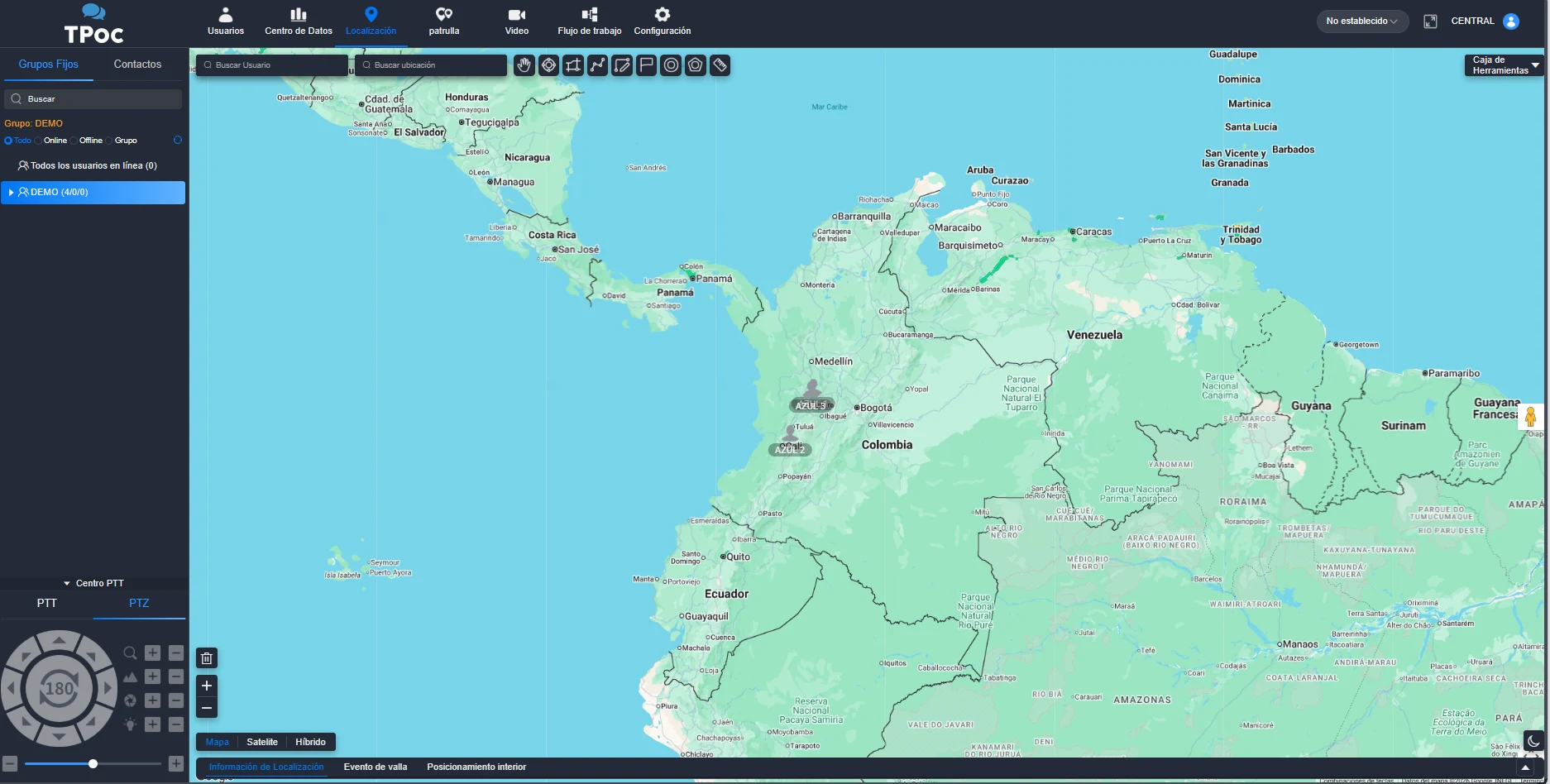 Consola de despacho TPoC con control de cámaras PTZ, mapa y grupos de radios